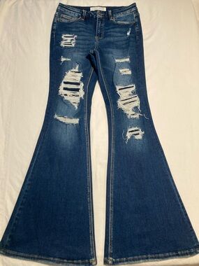 High-Rise Dark Blue Distressed Flare Jeans - Women (Item No. R13)